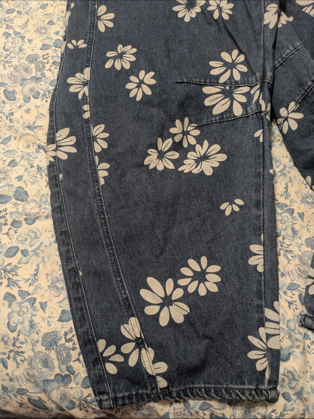 Women's Blue Floral Denim Bib Overalls - Barrel Leg - Picture 6 of 8
